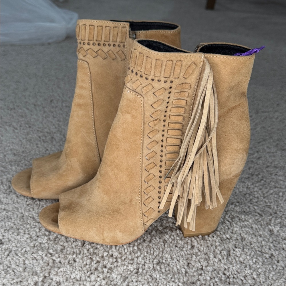 Rebecca Minloff Women’s Tan Suede Fringe Peep-Toe Block Heel Booties